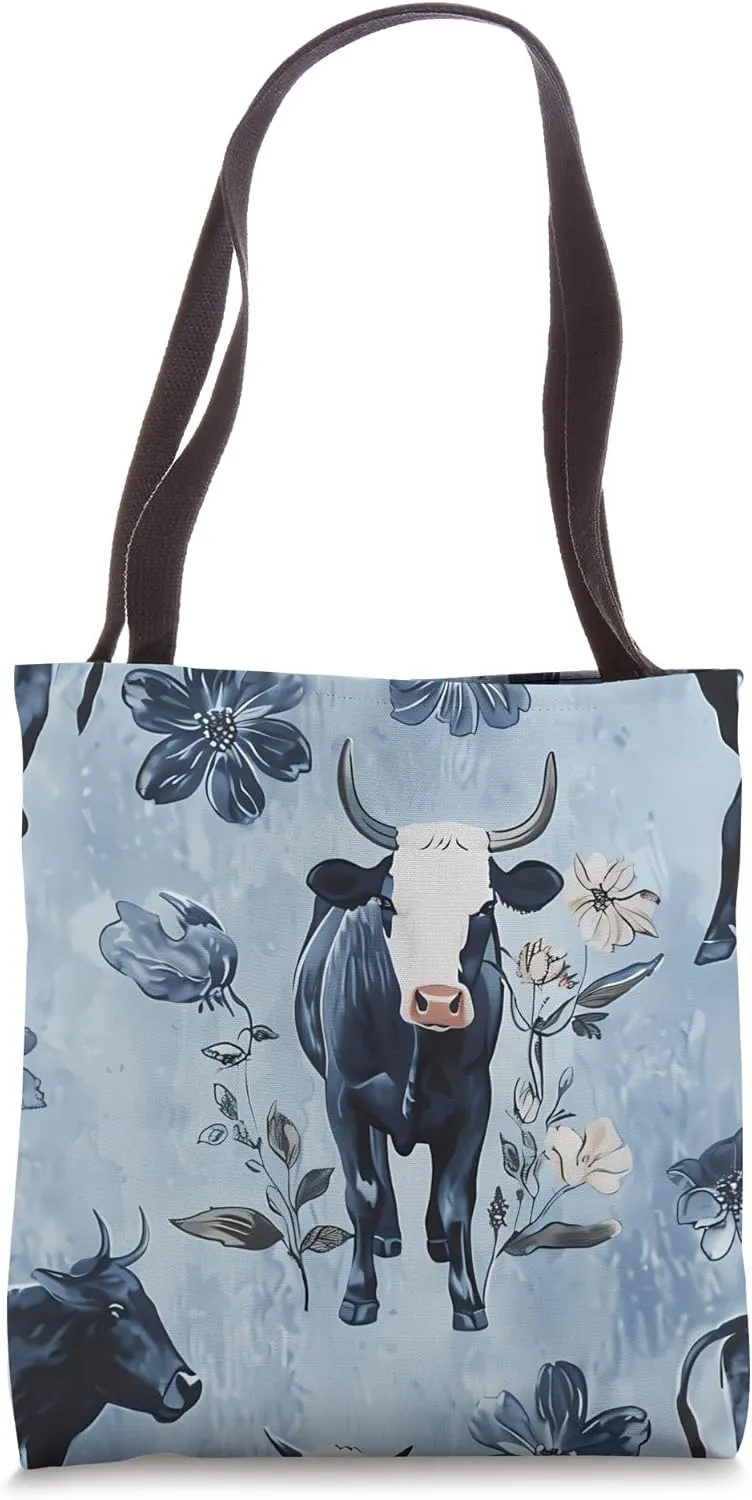 Blue Classic Floral Cows Ranch Pasture Rustic Farm Art Tote Bag