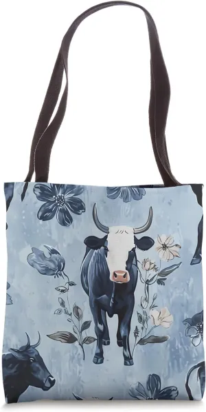 Blue Classic Floral Cows Ranch Pasture Rustic Farm Art Tote Bag