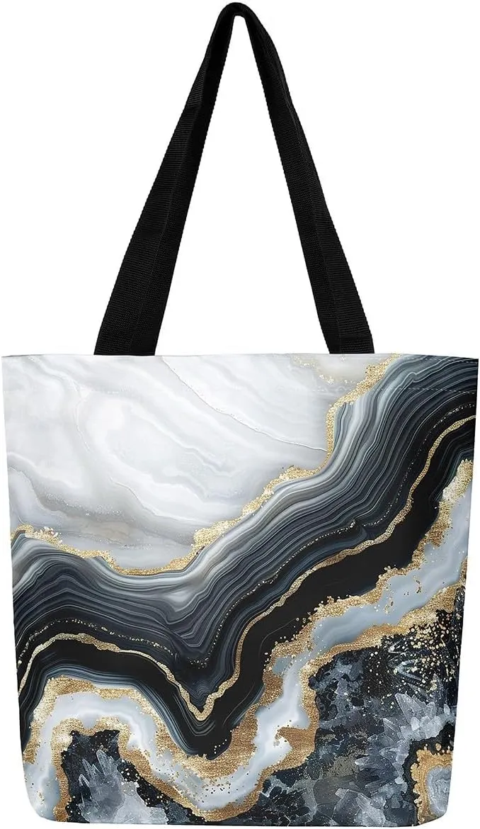 Blue Marble Canvas Tote Bag Modern Golden Glitter Tote Bag iquid Quicksand Abstract Marbling Shopping Grocery Bags