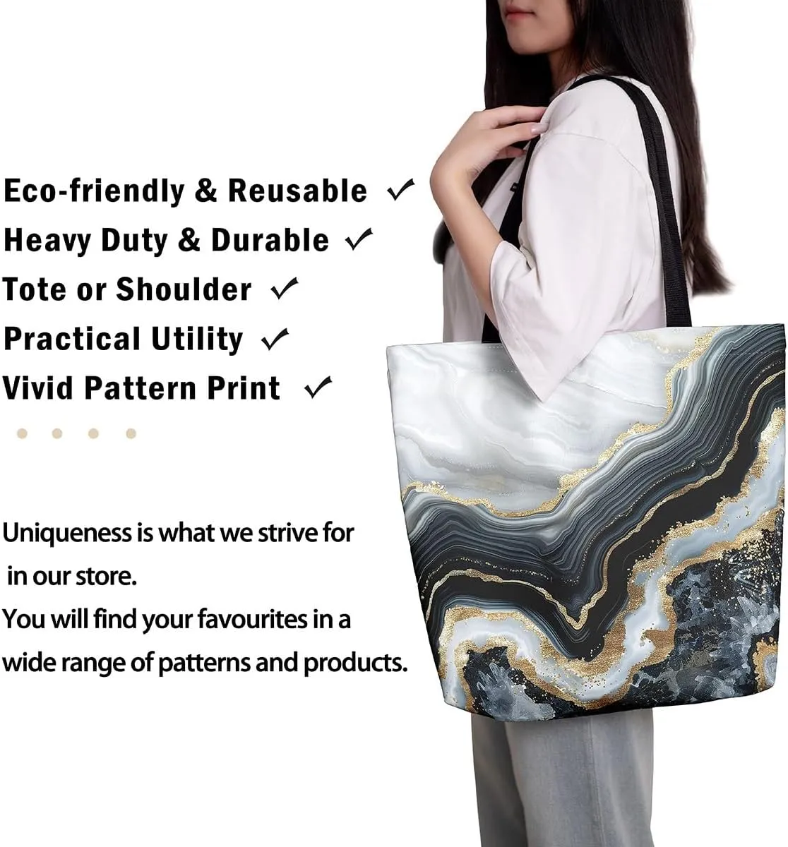 Blue Marble Canvas Tote Bag Modern Golden Glitter Tote Bag iquid Quicksand Abstract Marbling Shopping Grocery Bags