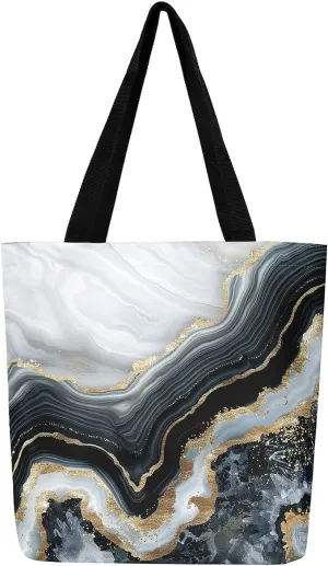 Blue Marble Canvas Tote Bag Modern Golden Glitter Tote Bag iquid Quicksand Abstract Marbling Shopping Grocery Bags