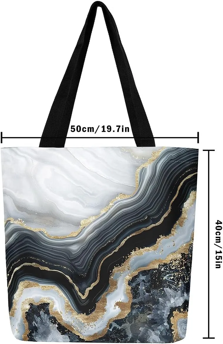 Blue Marble Canvas Tote Bag Modern Golden Glitter Tote Bag iquid Quicksand Abstract Marbling Shopping Grocery Bags