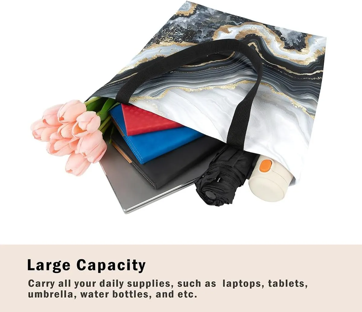 Blue Marble Canvas Tote Bag Modern Golden Glitter Tote Bag iquid Quicksand Abstract Marbling Shopping Grocery Bags