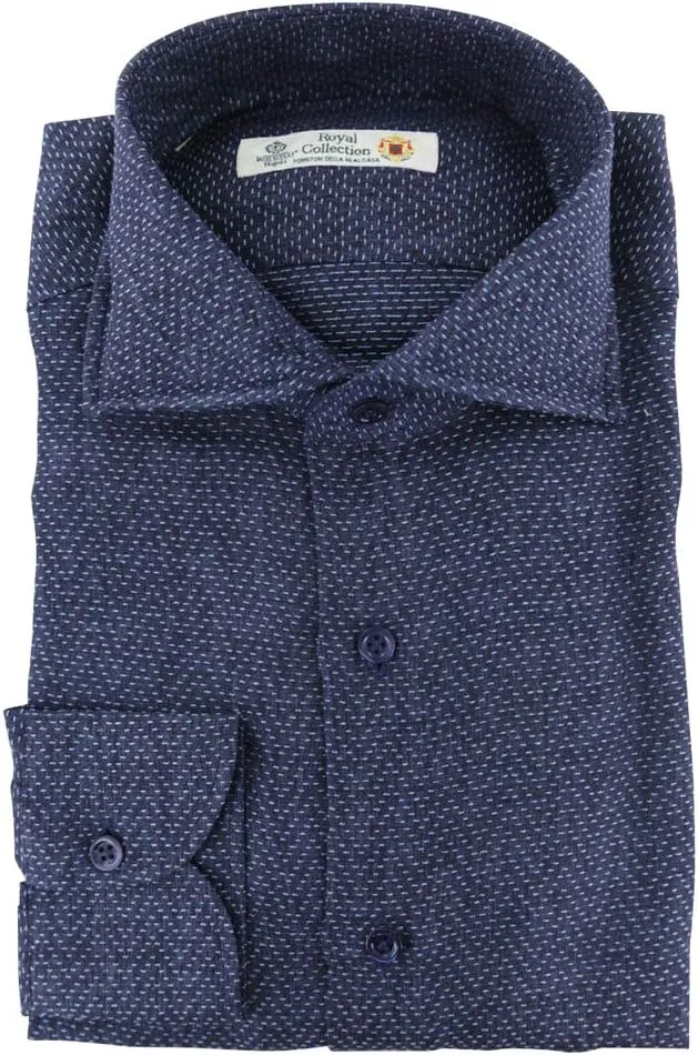 Blue Patterned Button Down Spread Collar Cotton Slim Fit Dress Shirt, Size Large 17
