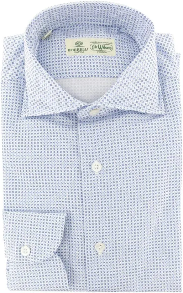 Blue Patterned Button Down Spread Collar Cotton Slim Fit Dress Shirt, Size Small 15.5