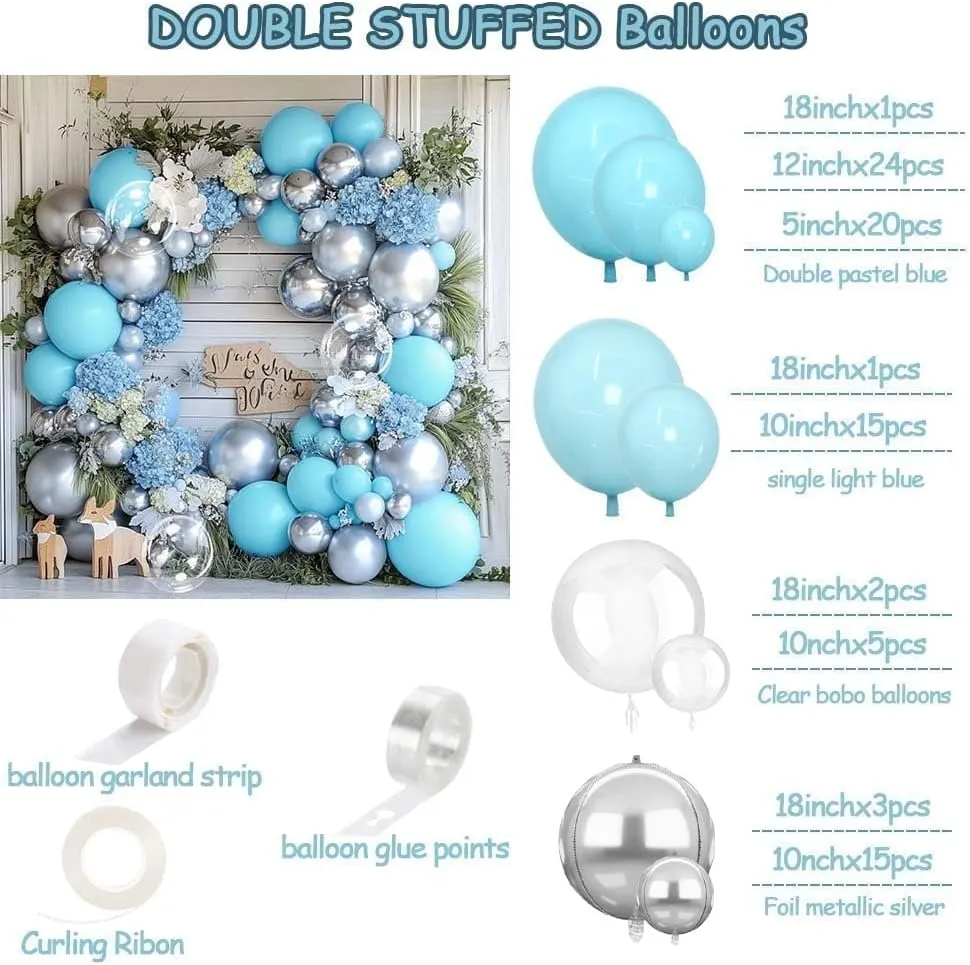 Blue Silver Balloons Arch Different Sizes Pastel Light Baby Blue Metallic Silver Balloon Garland Kit for Baptism Birthday Graduation Prome Wedding Bridal Shower Baby Shower Party Decorations