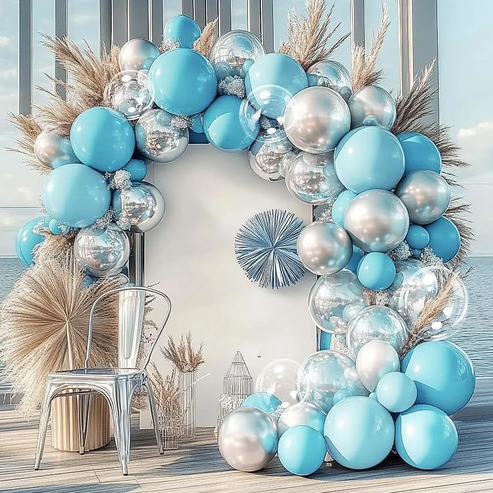 Blue Silver Balloons Arch Different Sizes Pastel Light Baby Blue Metallic Silver Balloon Garland Kit for Baptism Birthday Graduation Prome Wedding Bridal Shower Baby Shower Party Decorations