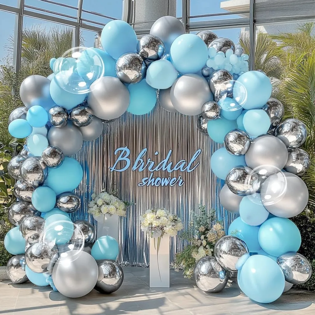Blue Silver Balloons Arch Different Sizes Pastel Light Baby Blue Metallic Silver Balloon Garland Kit for Baptism Birthday Graduation Prome Wedding Bridal Shower Baby Shower Party Decorations