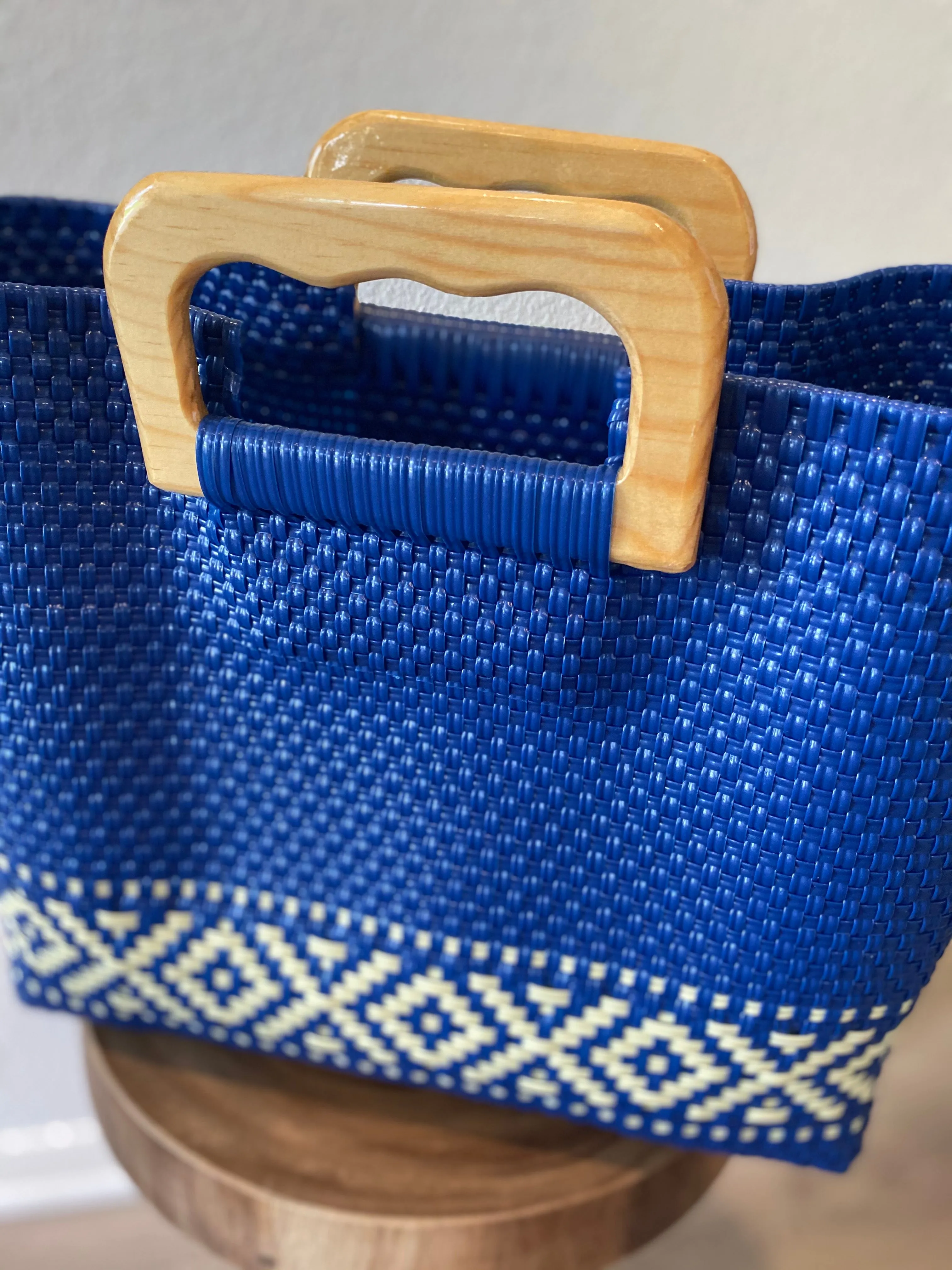 Blue Wood-Handled Woven Tote