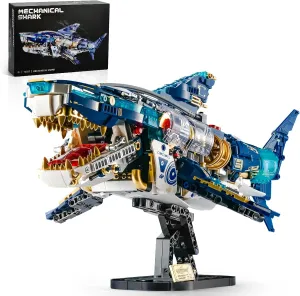 BNG Mechanical Shark Building Sets for Adult, Ocean Animal Building Block with Display Stand and Light, Sea Fish Collection STEM Toy, Home Office Decor and Idea Gift for Teen Boys 8  (1277PCS)
