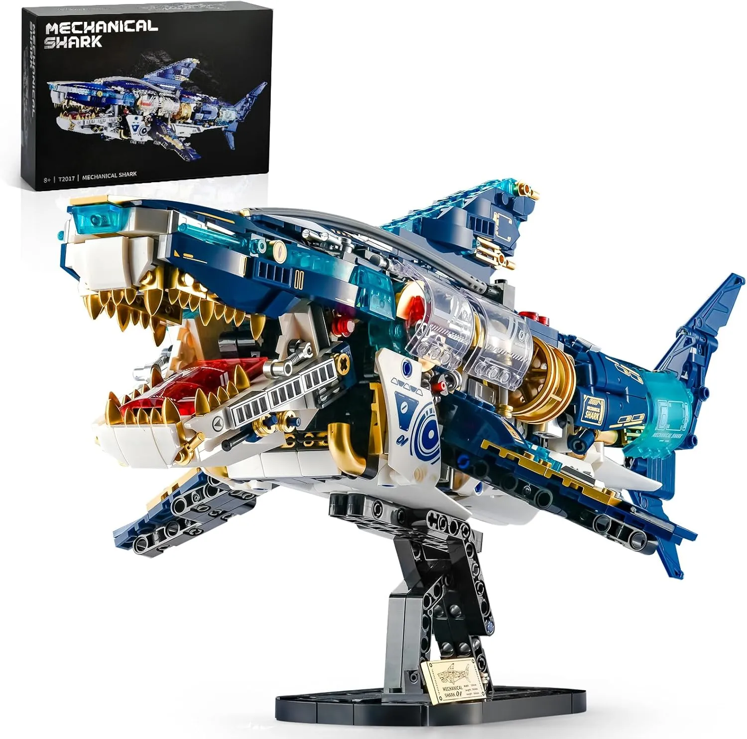 BNG Mechanical Shark Building Sets for Adult, Ocean Animal Building Block with Display Stand and Light, Sea Fish Collection STEM Toy, Home Office Decor and Idea Gift for Teen Boys 8  (1277PCS)