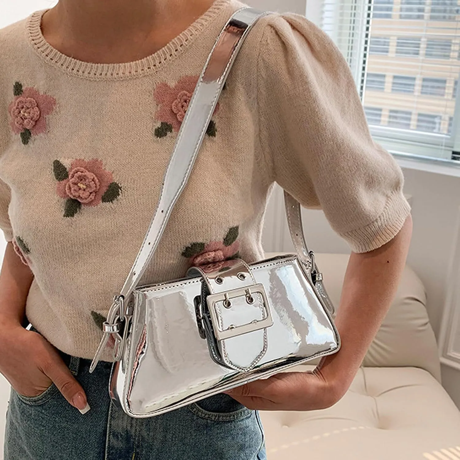 BOLLEY JOSS Small Shoulder Underarm Bag Y2K Shiny Metallic Silver Purse Cute Party Bag Women Buckle Tote Handbag Clutch Evening Bags