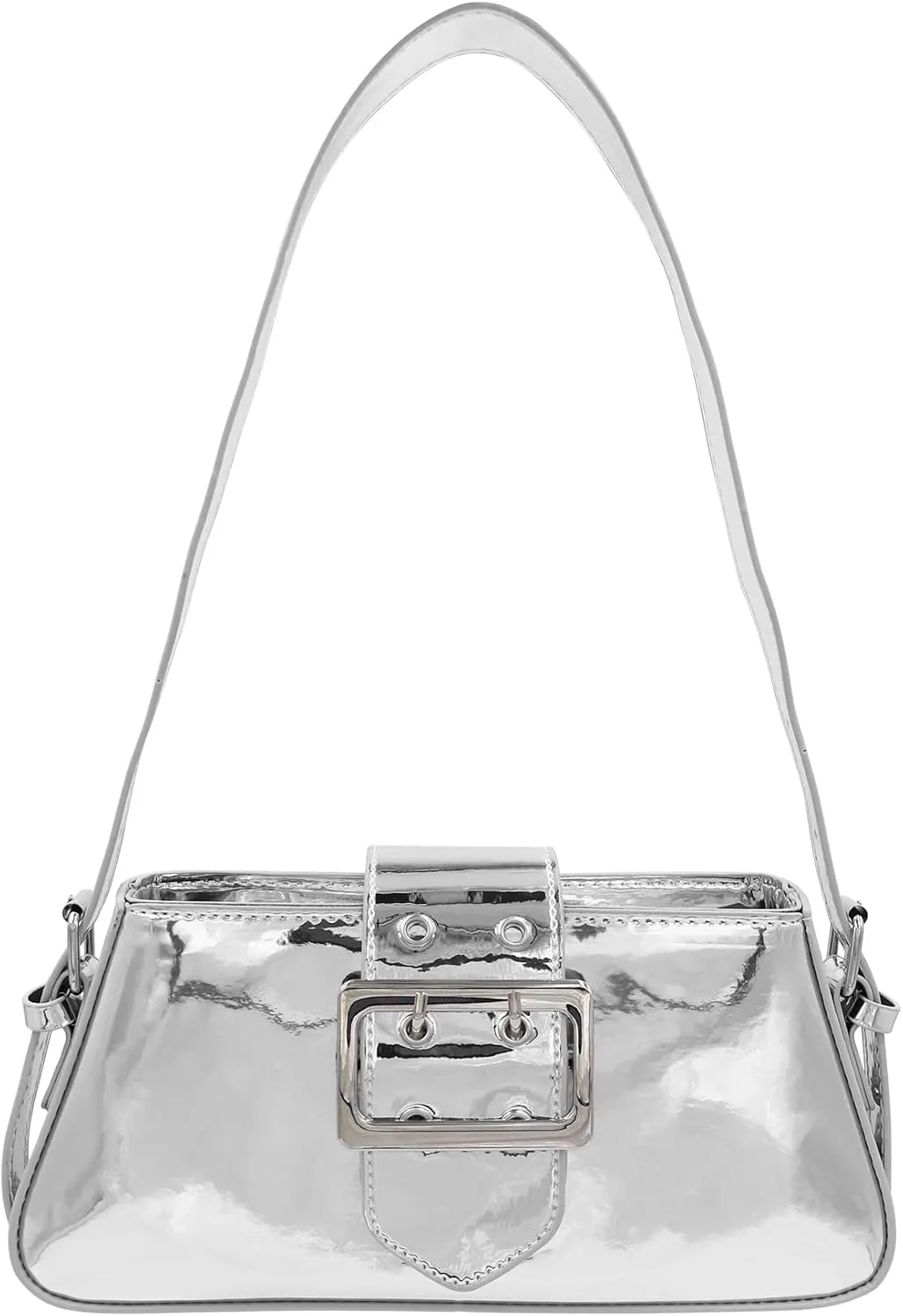 BOLLEY JOSS Small Shoulder Underarm Bag Y2K Shiny Metallic Silver Purse Cute Party Bag Women Buckle Tote Handbag Clutch Evening Bags
