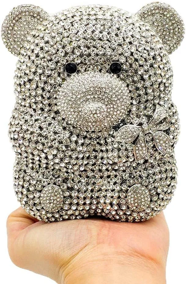 Boutique De FGG Bear Evening Bags and clutches for Women Formal Crystal Clutch Purse Party Animal Rhinestone Handbags,Mini