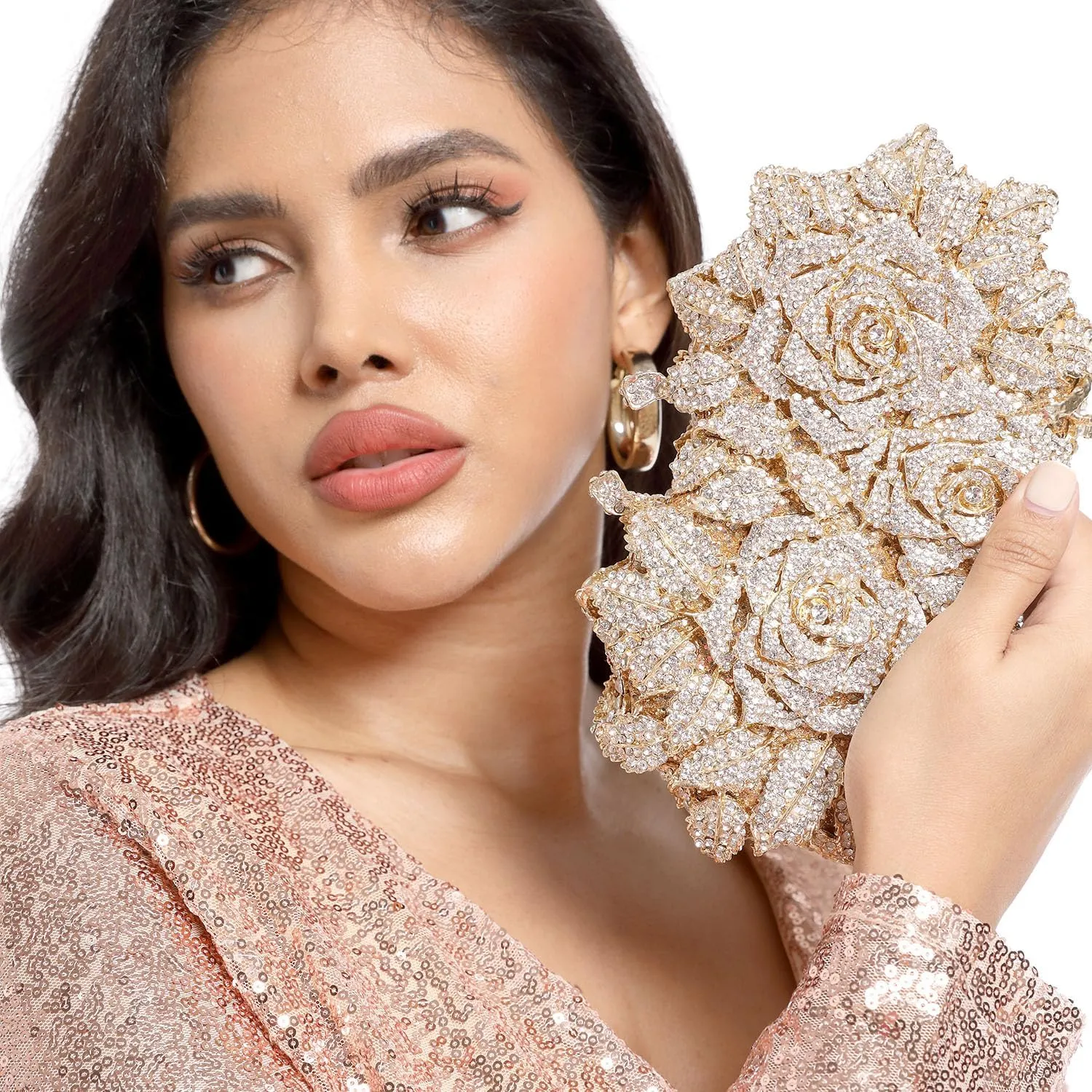 Boutique De FGG Dazzling Flower Evening Bags For Women Formal Party Rhinestone Handbags Wedding Crystal Clutch Purse,Mini