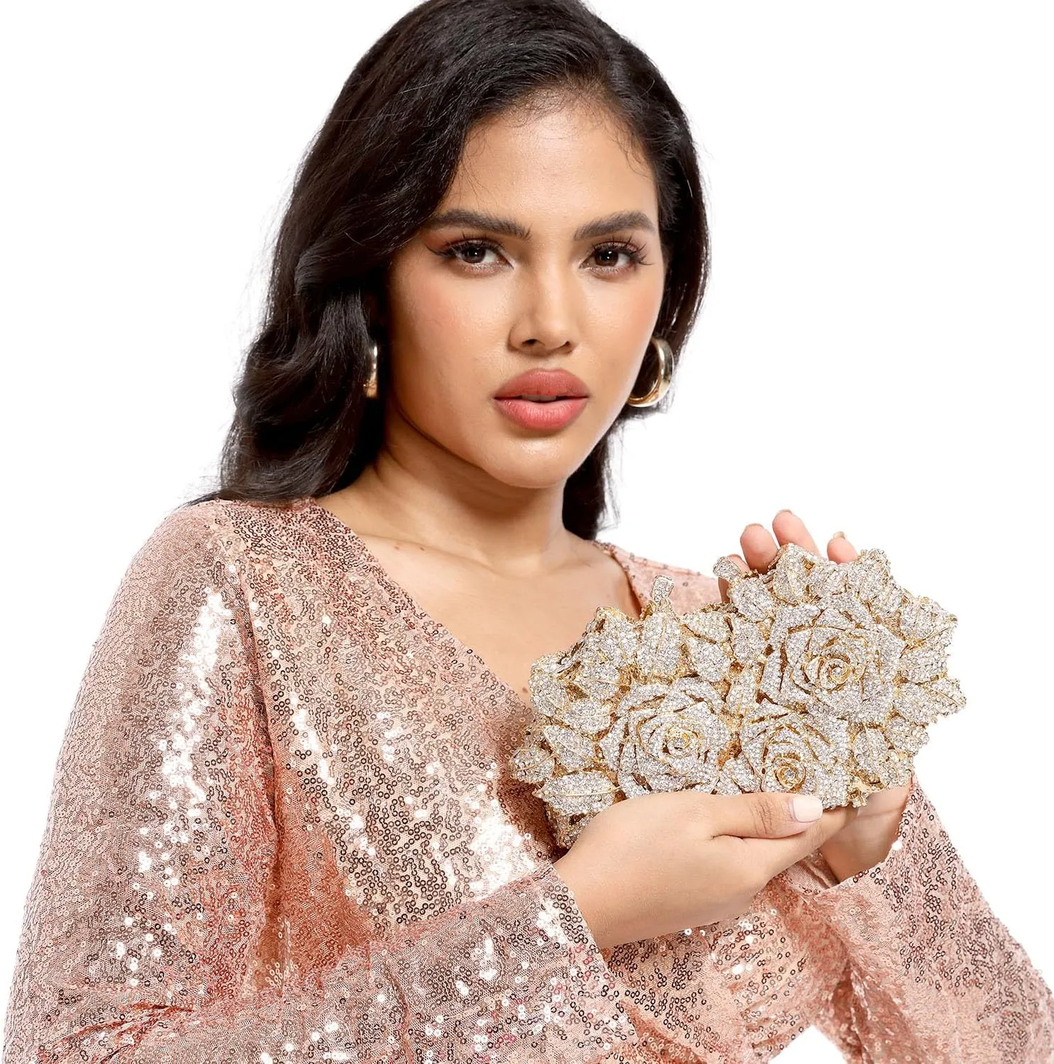 Boutique De FGG Dazzling Flower Evening Bags For Women Formal Party Rhinestone Handbags Wedding Crystal Clutch Purse,Mini