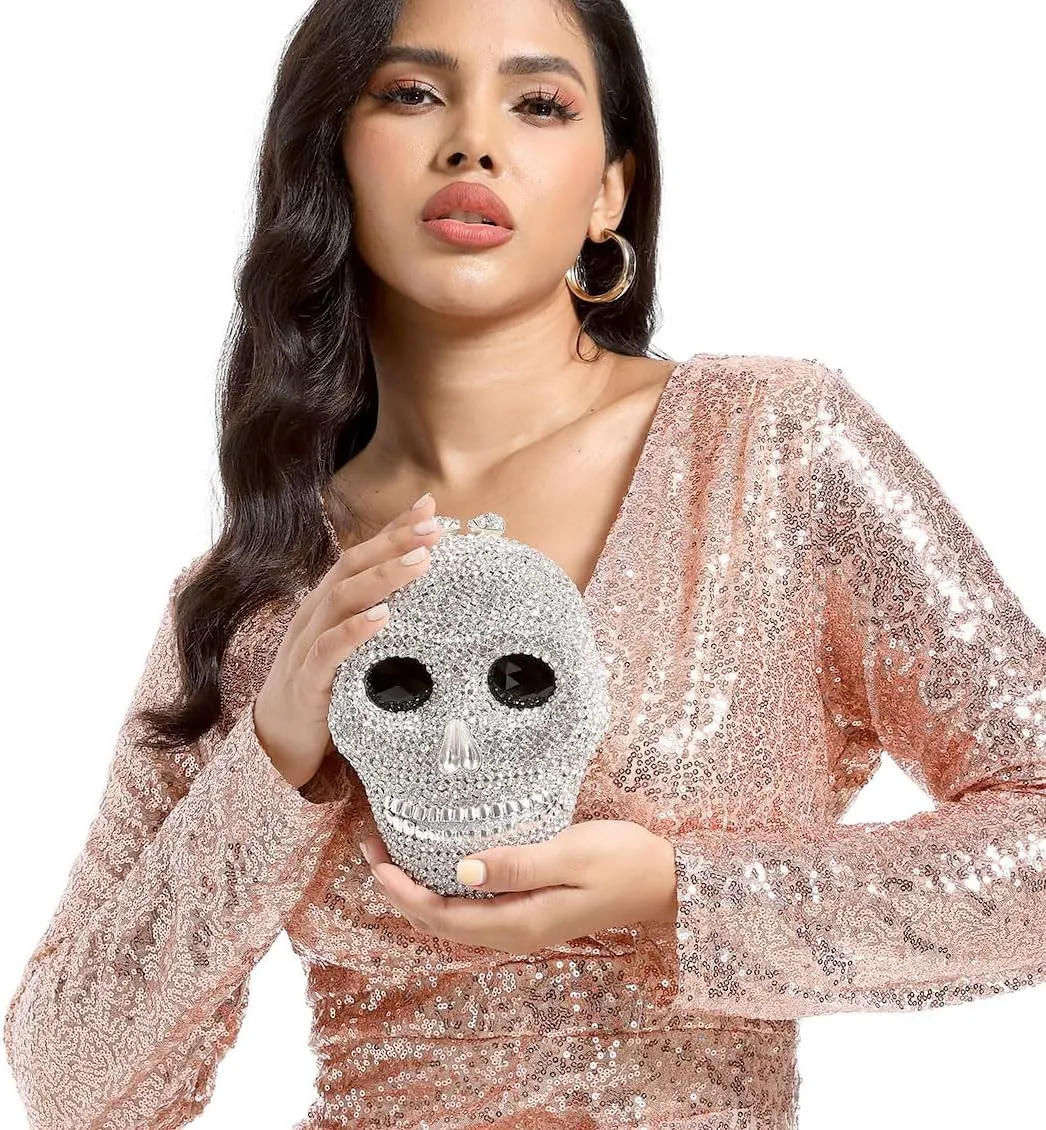 Boutique De FGG Skull Crystal Clutch Purse for Women Formal Rhinestone Clutch Evening Bag Halloween Minaudiere Handbag,Mini