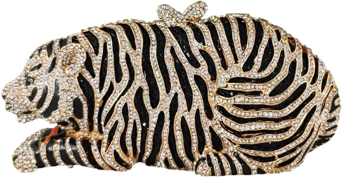 Boutique De FGG Tiger Rhinestone Clutch Purse for Women Formal Evening Bag Sparkly Bridal Wedding Crystal Clutch Bag,Mini