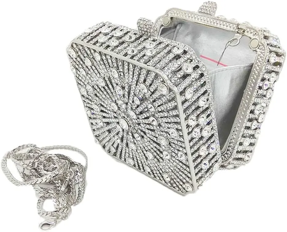 Boutique De FGG Women Metal Box Crystal Clutch Purse Evening Bag Wedding Bridal Rhinestone Handbags Party Clutch Bag,Mini