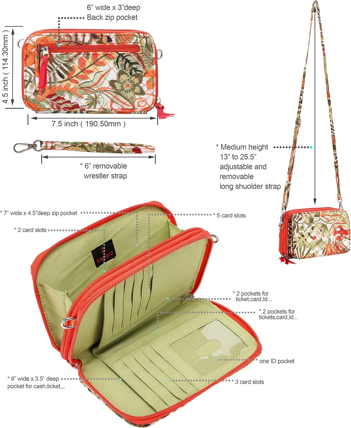 Brentano Cotton quilted double-zipper crossbody wallet purse and clutch