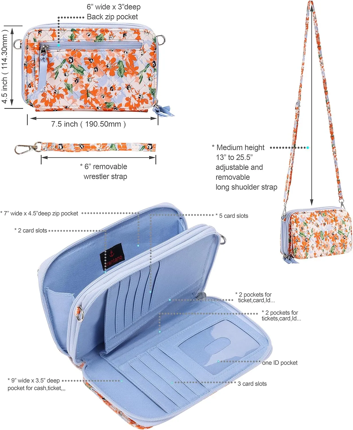 Brentano Cotton quilted double-zipper crossbody wallet purse and clutch