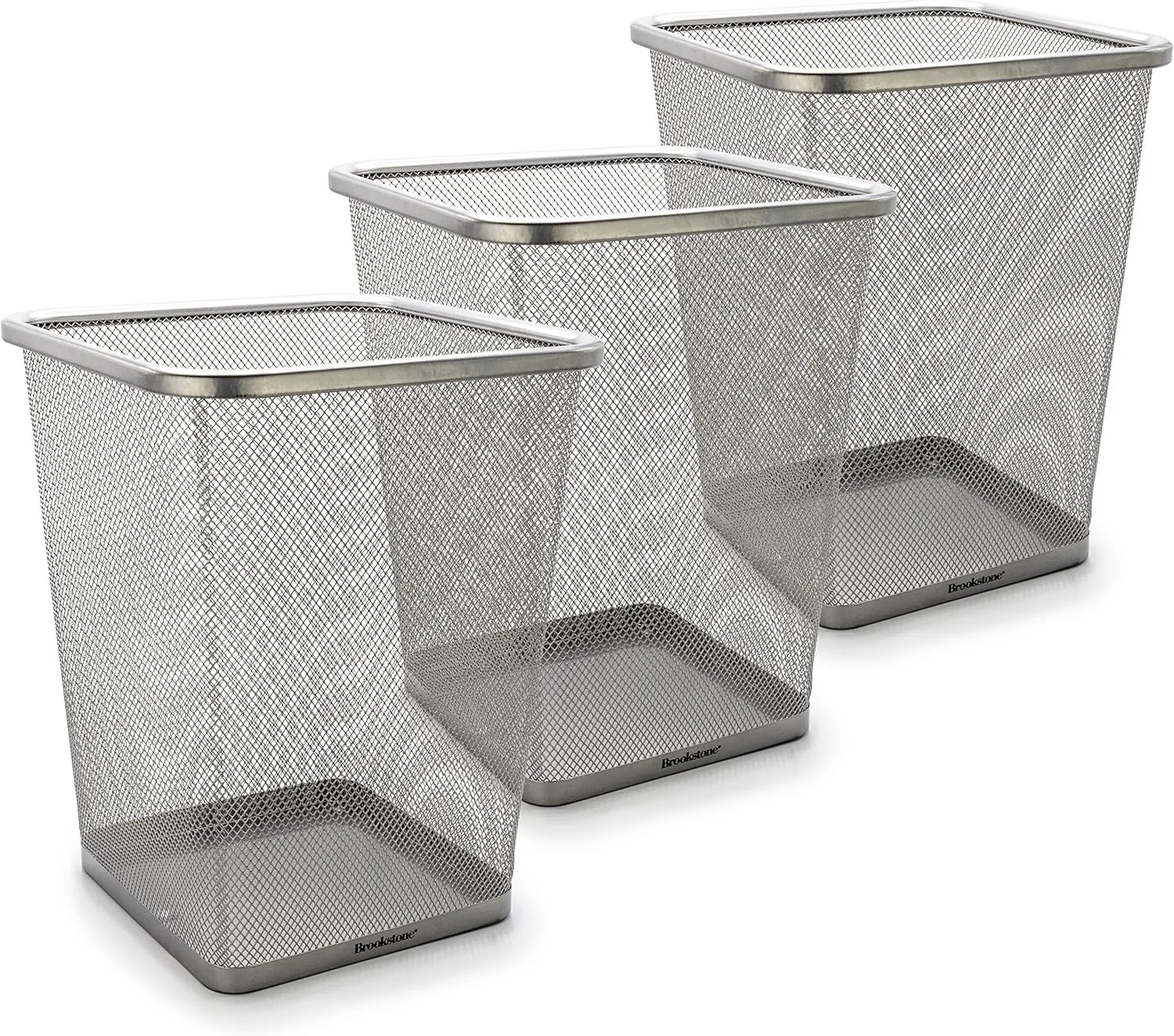 Brookstone BKH1461, [3 Pack] Metallic Mesh Wastebasket for Office & Home, Open Top, Under Desk Trash Can, Lightweight & Sturdy Recycling Bin, Standard, Silver