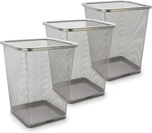 Brookstone BKH1461, [3 Pack] Metallic Mesh Wastebasket for Office & Home, Open Top, Under Desk Trash Can, Lightweight & Sturdy Recycling Bin, Standard, Silver