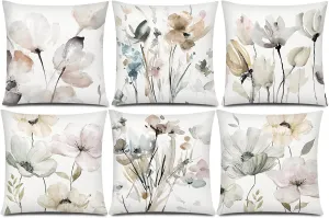 Brown White Grey Pillow Covers 20x20 Set of 6 Flower Throw Pillow Cover for Couch Modern Decorative Watercolor Floral Cushion Cover for Sofa Bedroom Living Room Farmhouse Home Decor