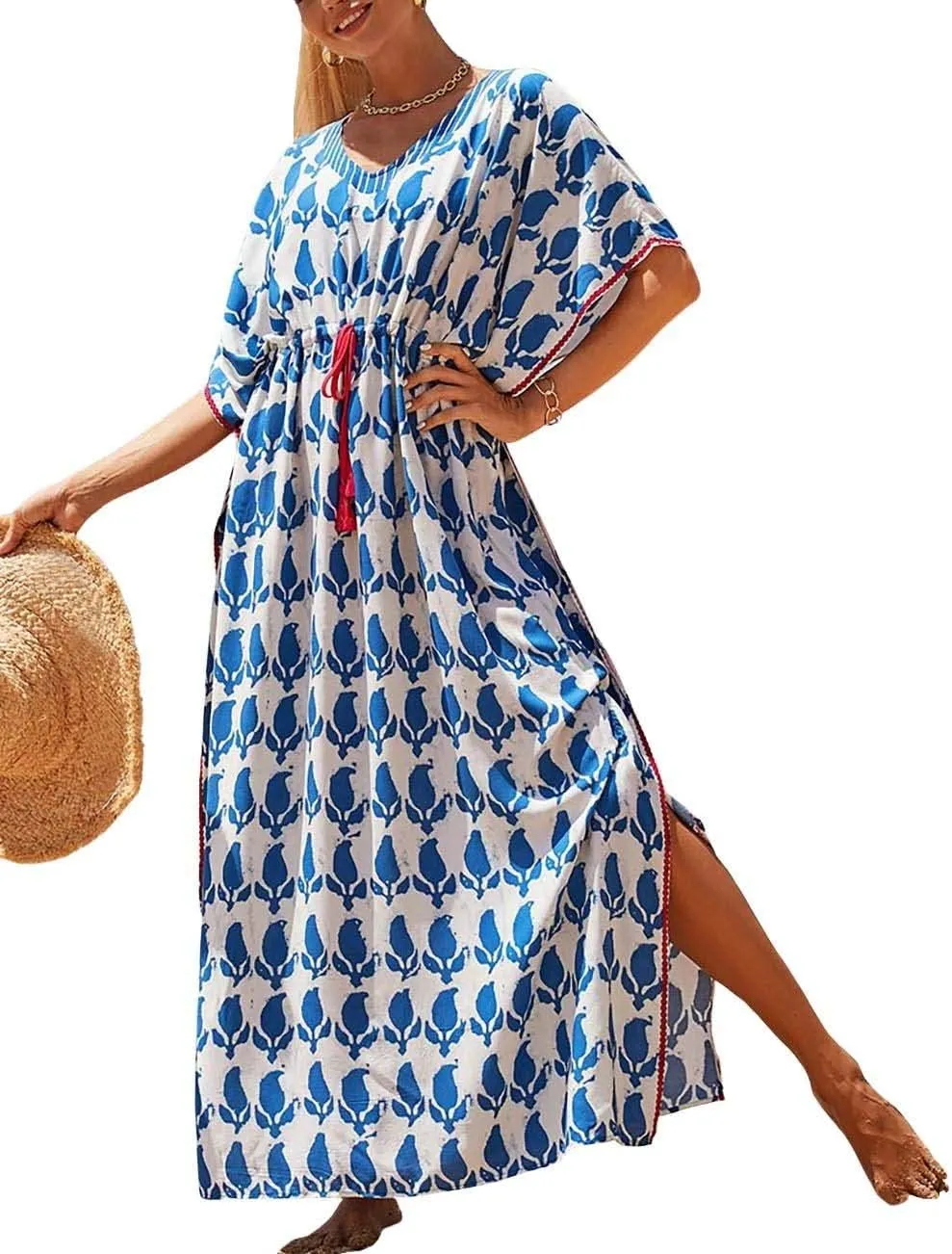 Bsubseach Kaftan Dresses for Women Plus Size Swimsuit Cover Up Long Caftan Dress with Waist Drawstring