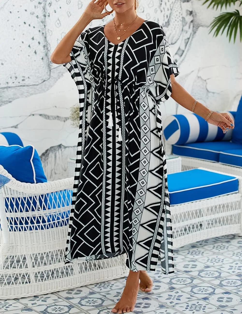 Bsubseach Kaftan Dresses for Women Plus Size Swimsuit Cover Up Long Caftan Dress with Waist Drawstring