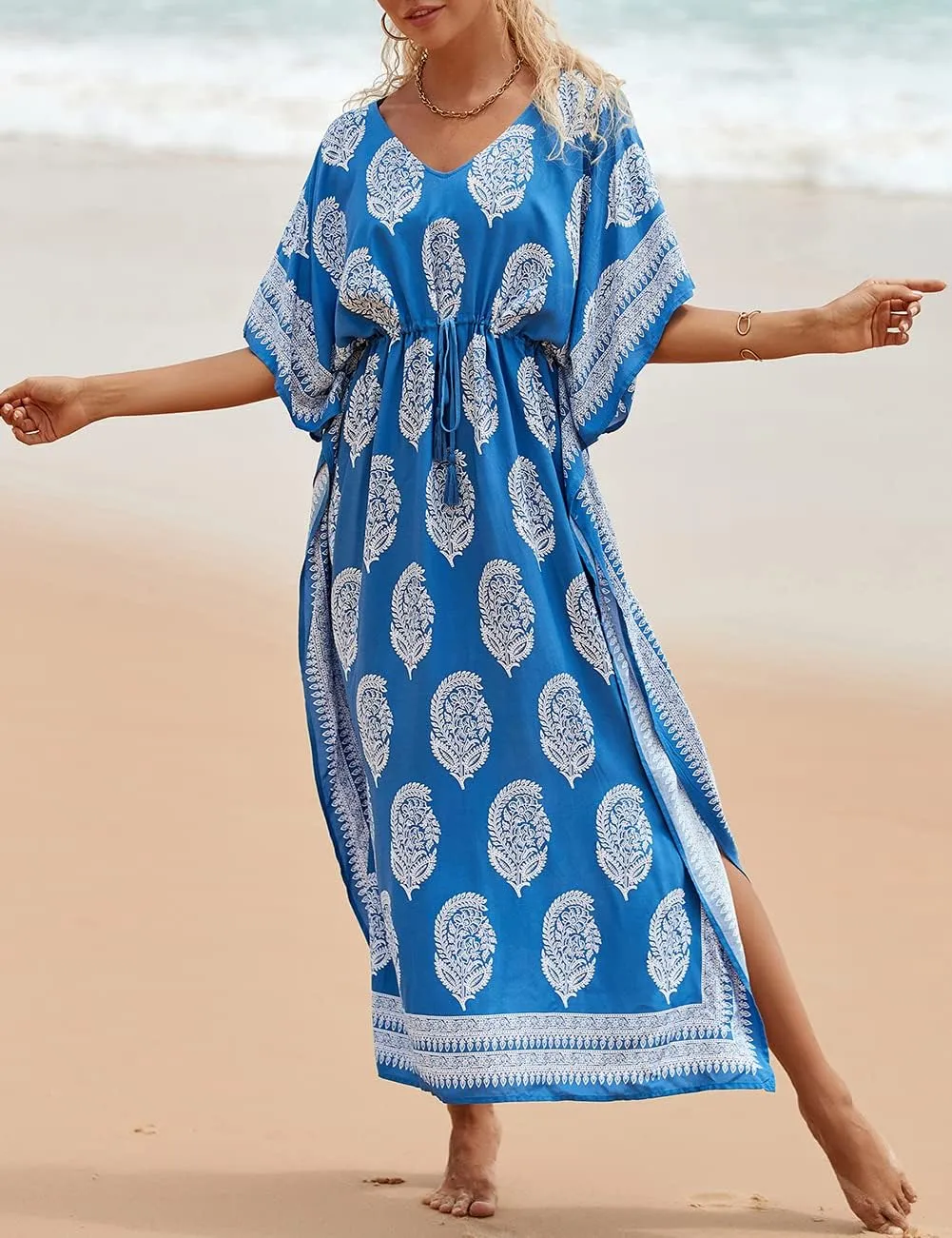 Bsubseach Kaftan Dresses for Women Plus Size Swimsuit Cover Up Long Caftan Dress with Waist Drawstring