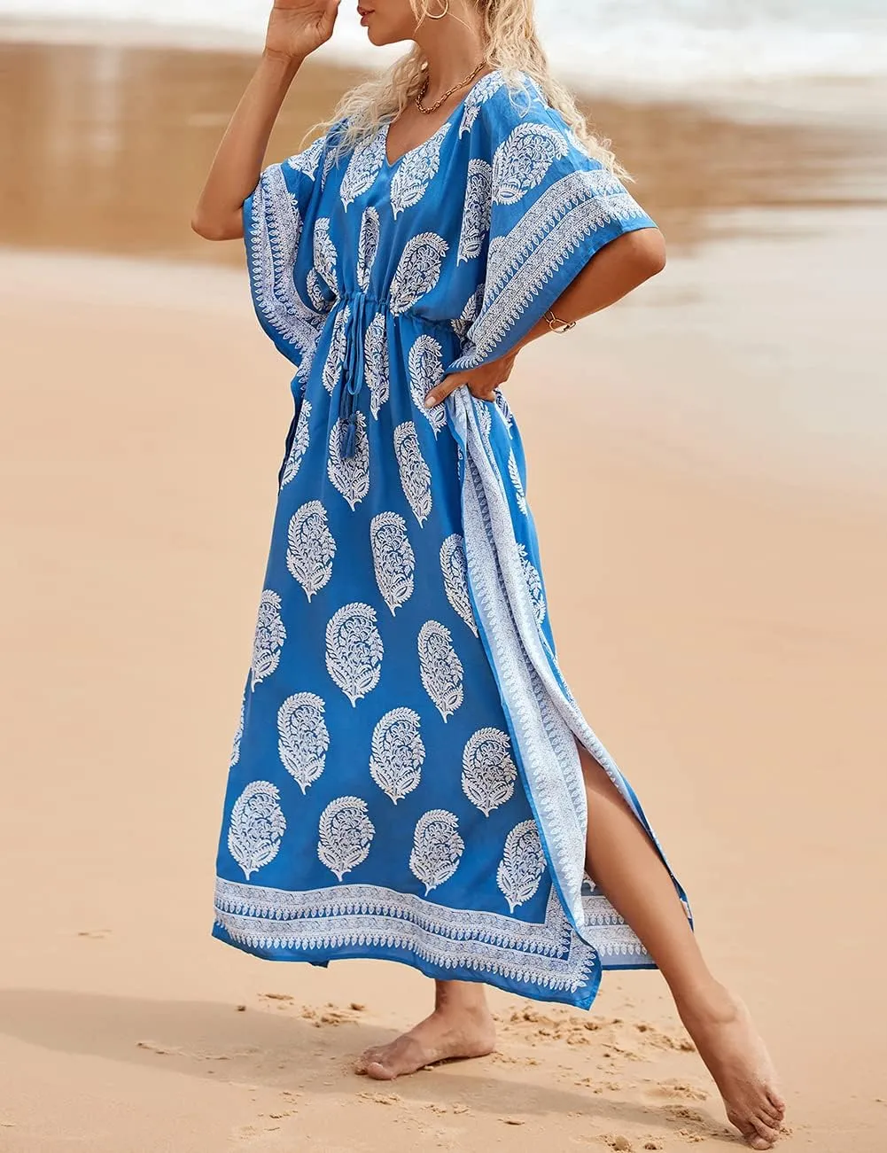 Bsubseach Kaftan Dresses for Women Plus Size Swimsuit Cover Up Long Caftan Dress with Waist Drawstring
