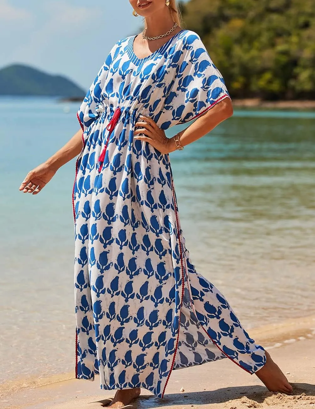 Bsubseach Kaftan Dresses for Women Plus Size Swimsuit Cover Up Long Caftan Dress with Waist Drawstring