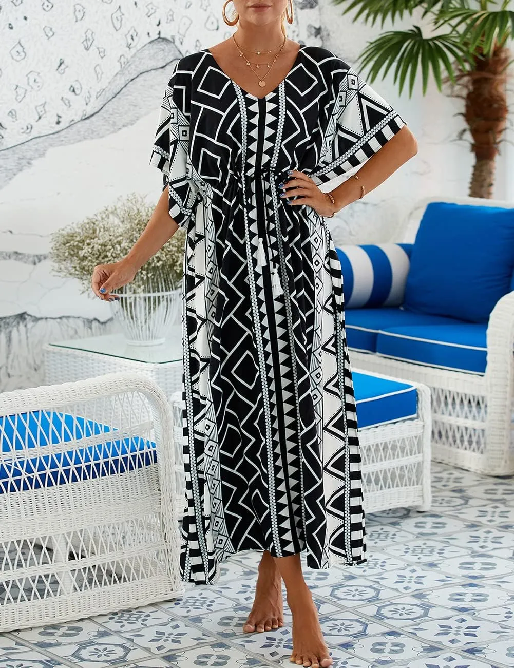 Bsubseach Kaftan Dresses for Women Plus Size Swimsuit Cover Up Long Caftan Dress with Waist Drawstring