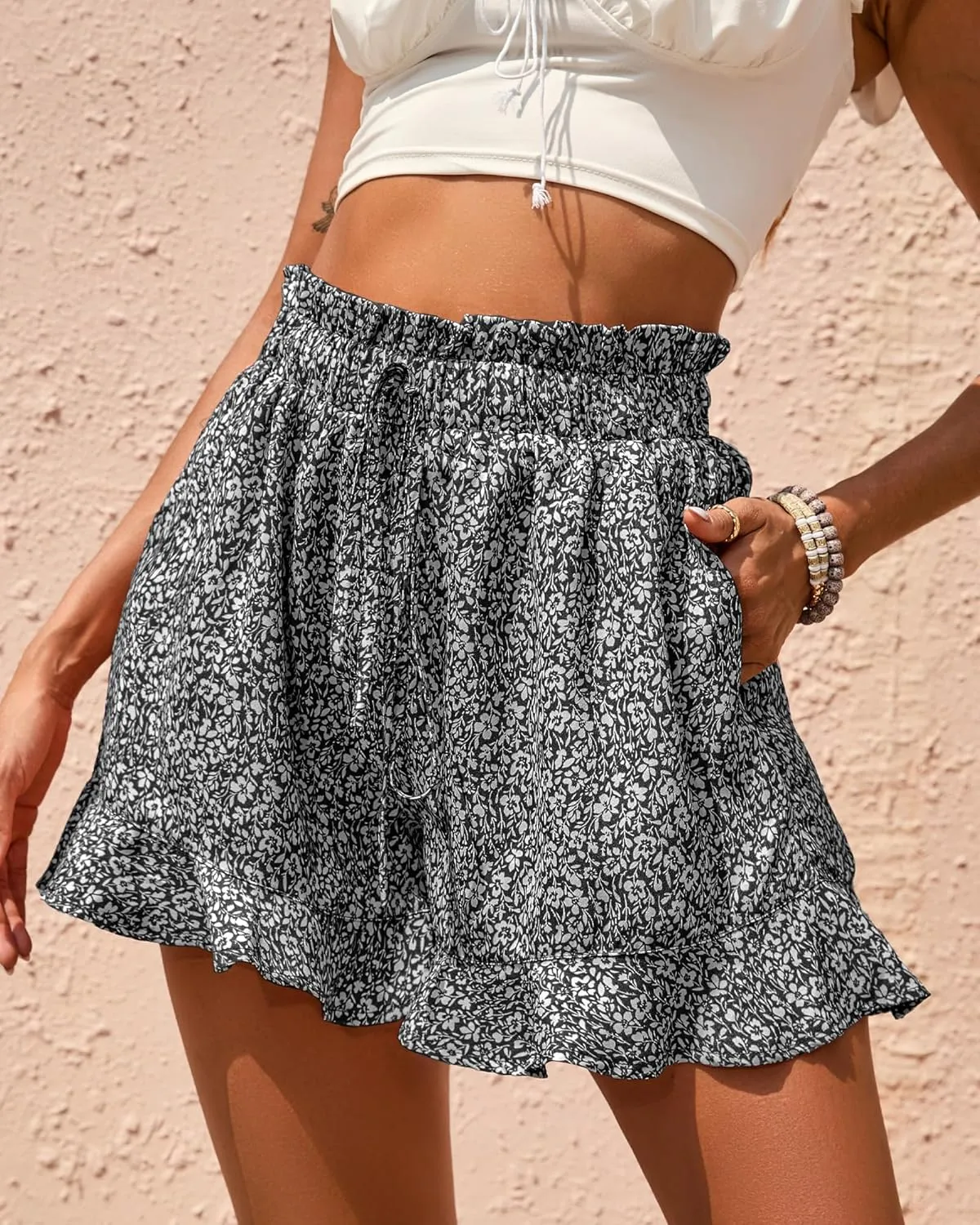 BTFBM Womens Summer Shorts 2025 Vacation Floral Belted Casual Elastic High Waist Ruffle Beach Short Lounge Pants Pockets
