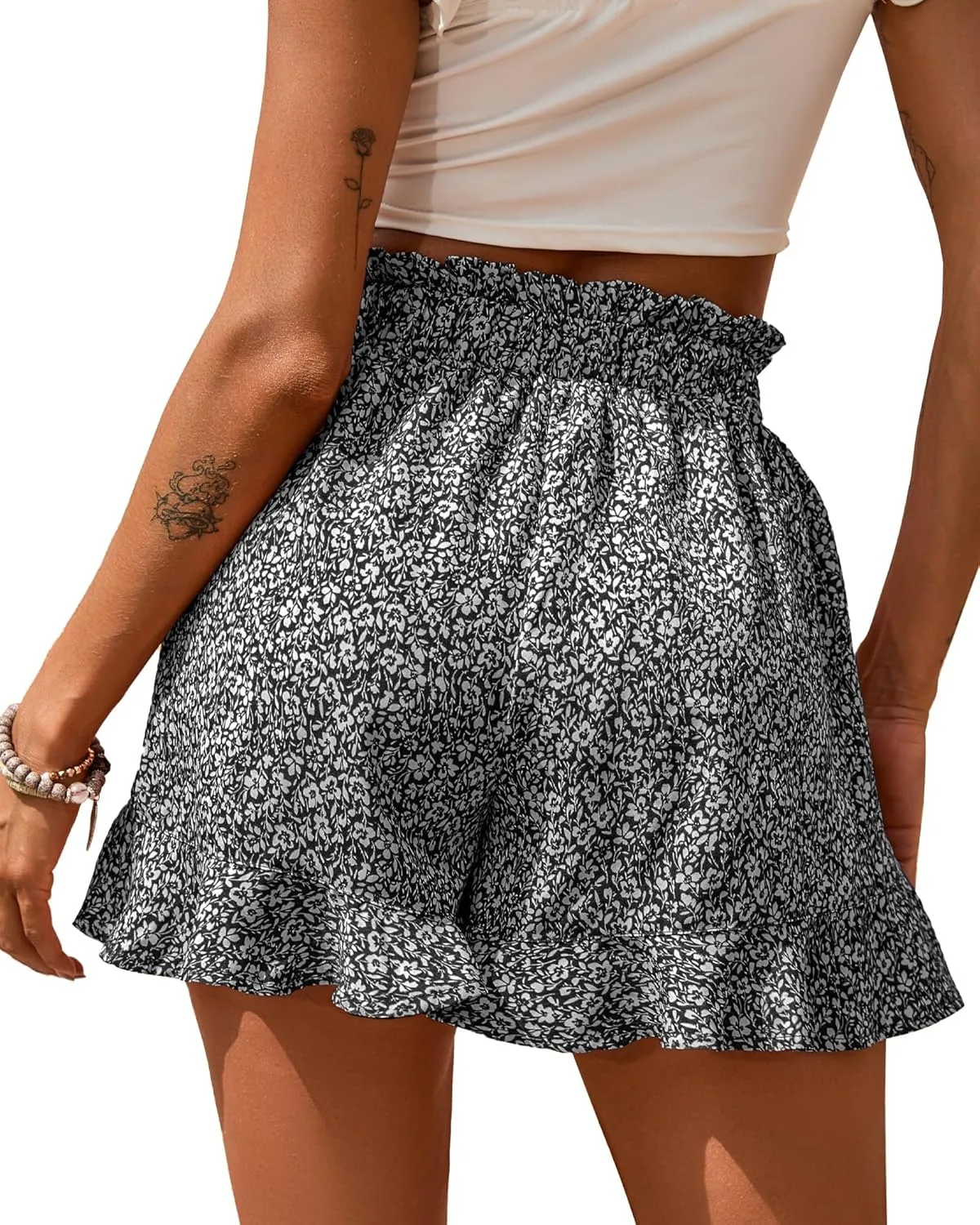 BTFBM Womens Summer Shorts 2025 Vacation Floral Belted Casual Elastic High Waist Ruffle Beach Short Lounge Pants Pockets