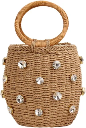 Bucket Straw Handbag, Handmade Tote Bag with Drawstring, Beach Woven Bag Rattan Shoulder Crossbody Basket Purse for Women