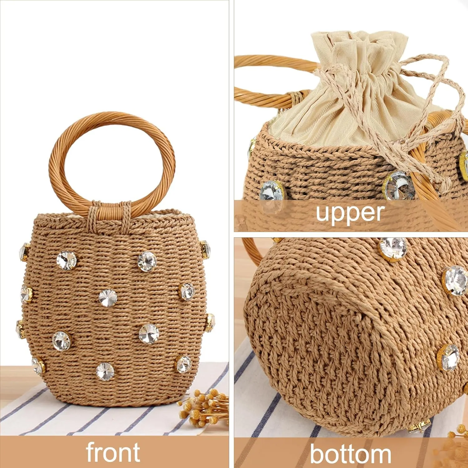 Bucket Straw Handbag, Handmade Tote Bag with Drawstring, Beach Woven Bag Rattan Shoulder Crossbody Basket Purse for Women