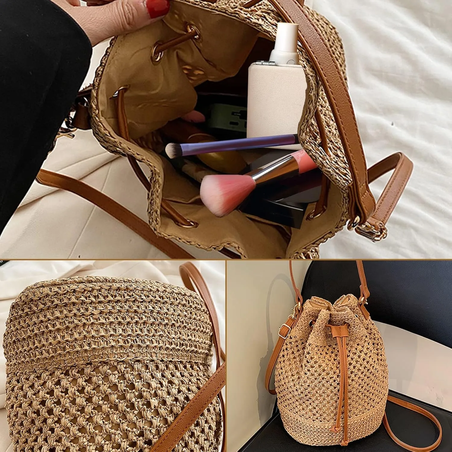 Bucket Straw Handbag, Handmade Tote Bag with Drawstring, Beach Woven Bag Rattan Shoulder Crossbody Basket Purse for Women