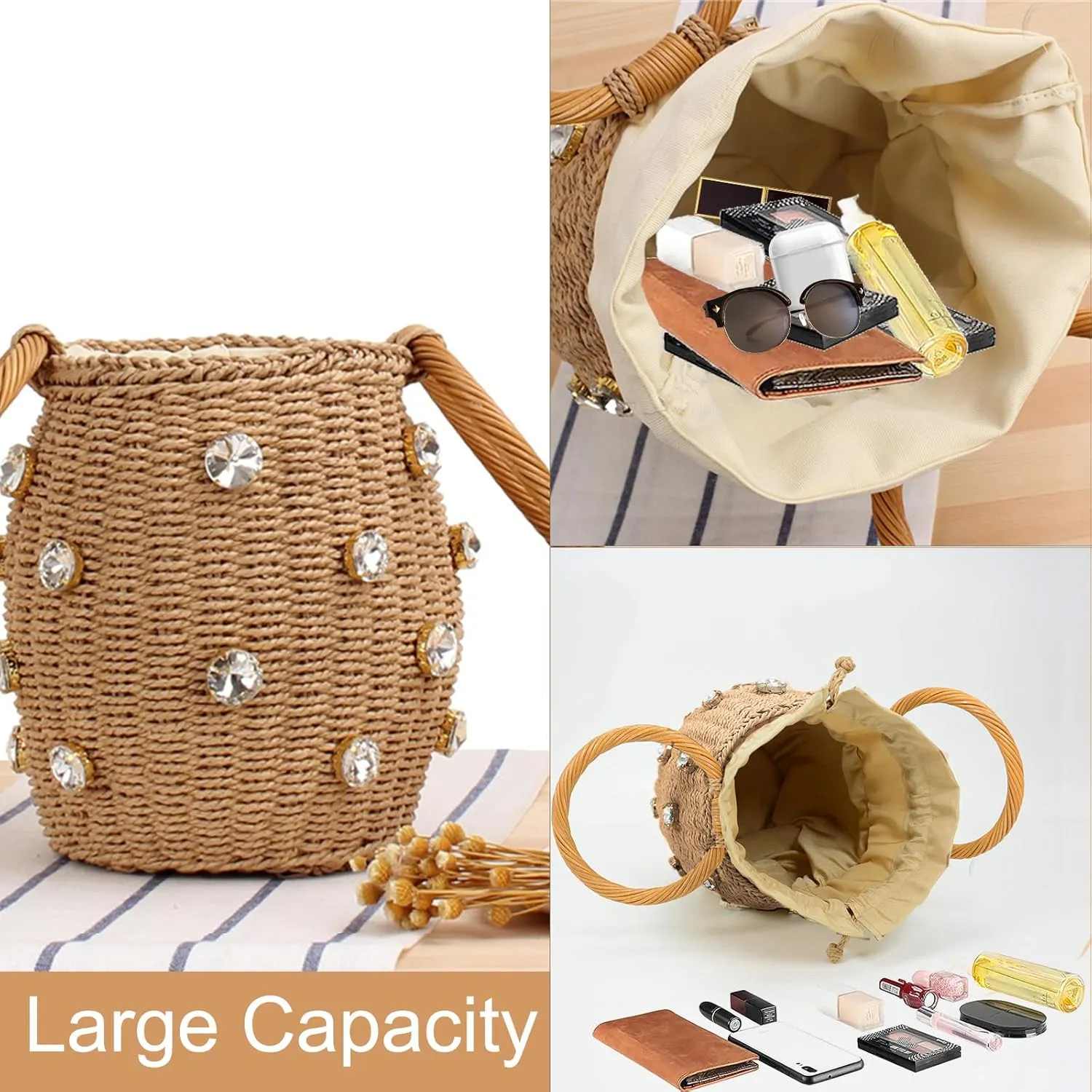 Bucket Straw Handbag, Handmade Tote Bag with Drawstring, Beach Woven Bag Rattan Shoulder Crossbody Basket Purse for Women