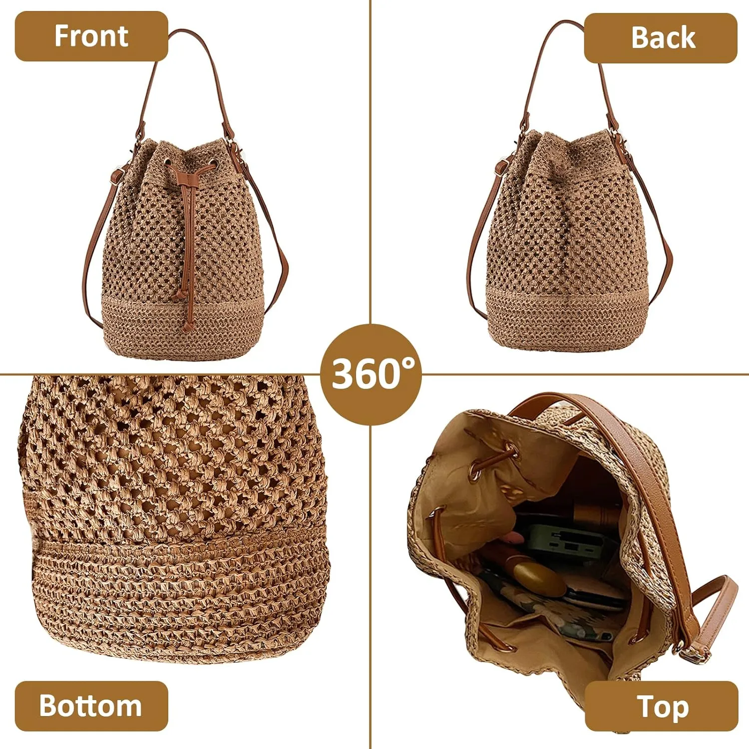 Bucket Straw Handbag, Handmade Tote Bag with Drawstring, Beach Woven Bag Rattan Shoulder Crossbody Basket Purse for Women