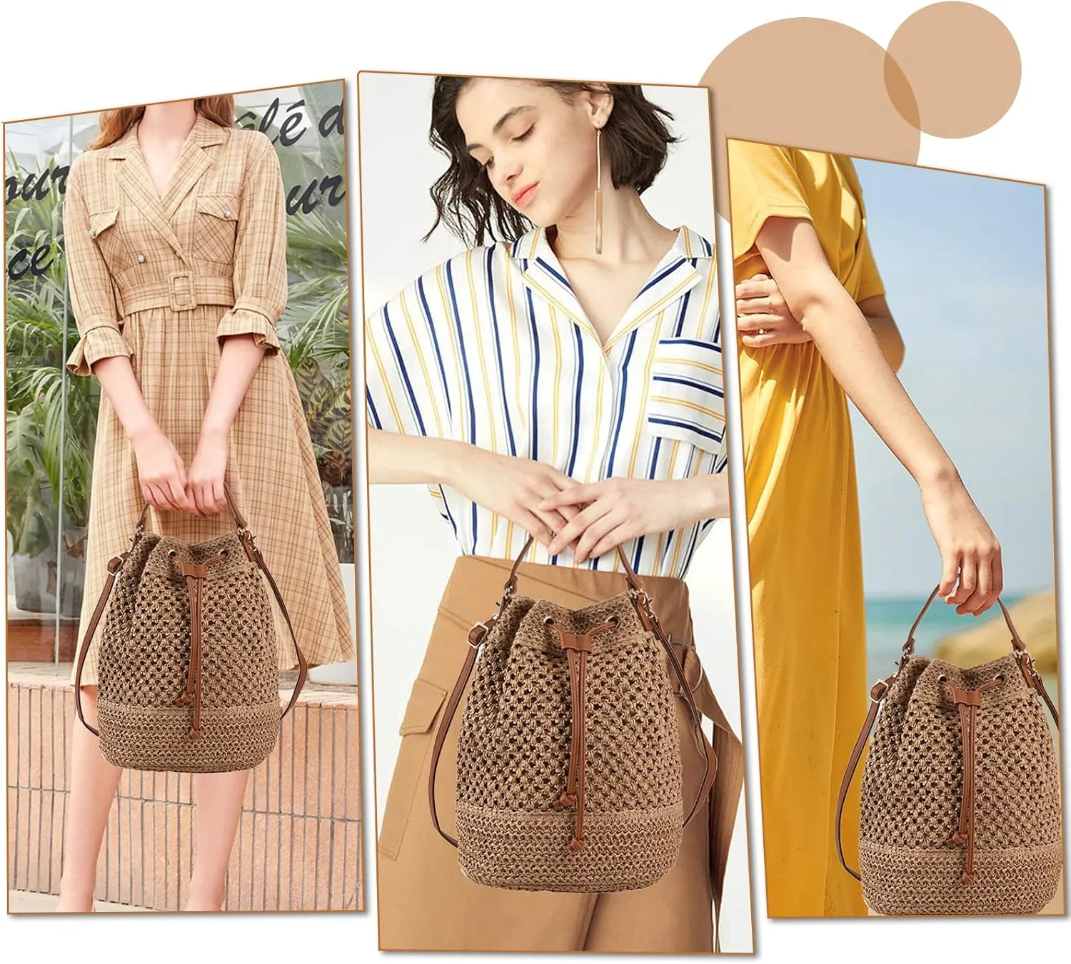 Bucket Straw Handbag, Handmade Tote Bag with Drawstring, Beach Woven Bag Rattan Shoulder Crossbody Basket Purse for Women