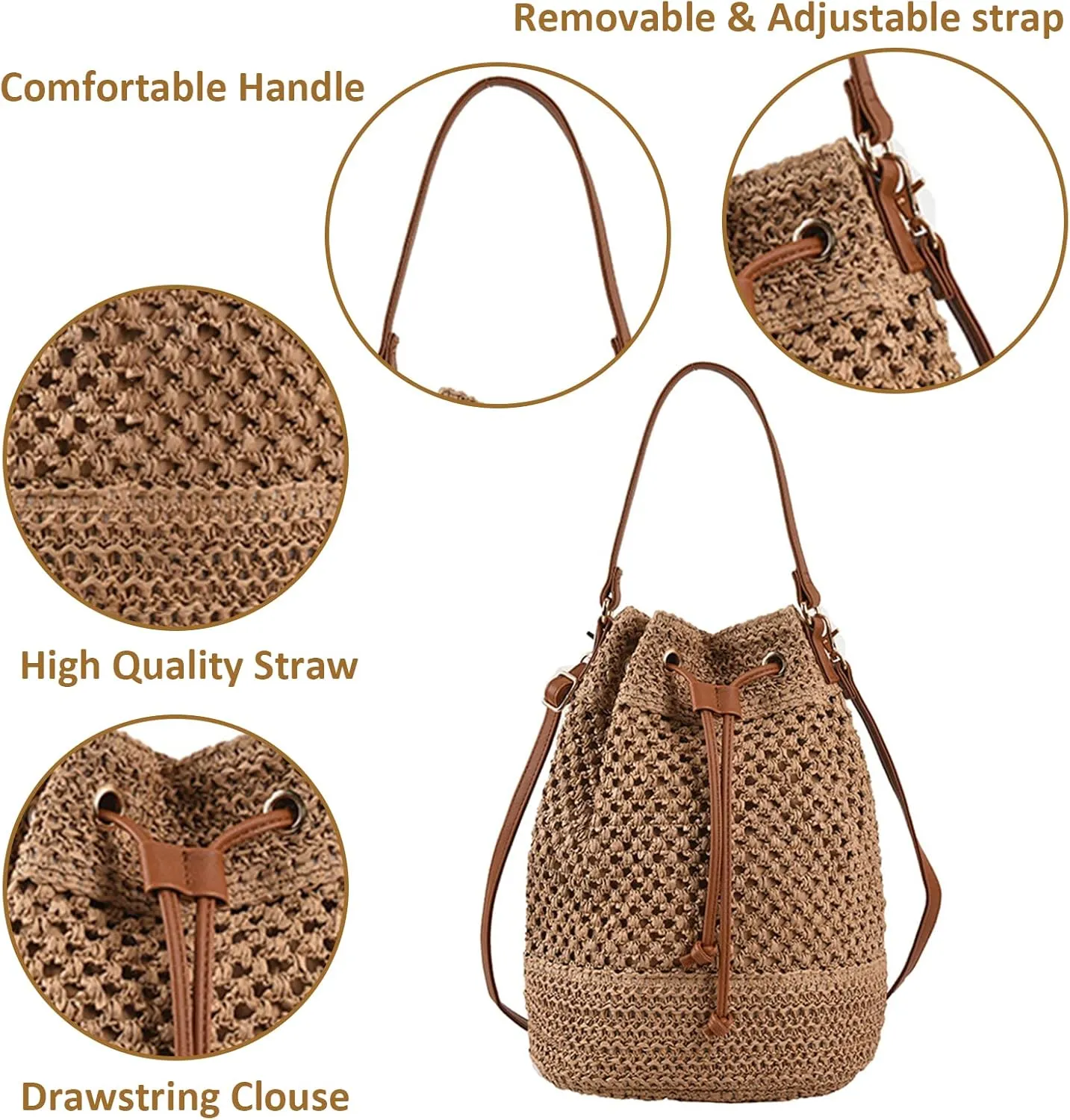 Bucket Straw Handbag, Handmade Tote Bag with Drawstring, Beach Woven Bag Rattan Shoulder Crossbody Basket Purse for Women