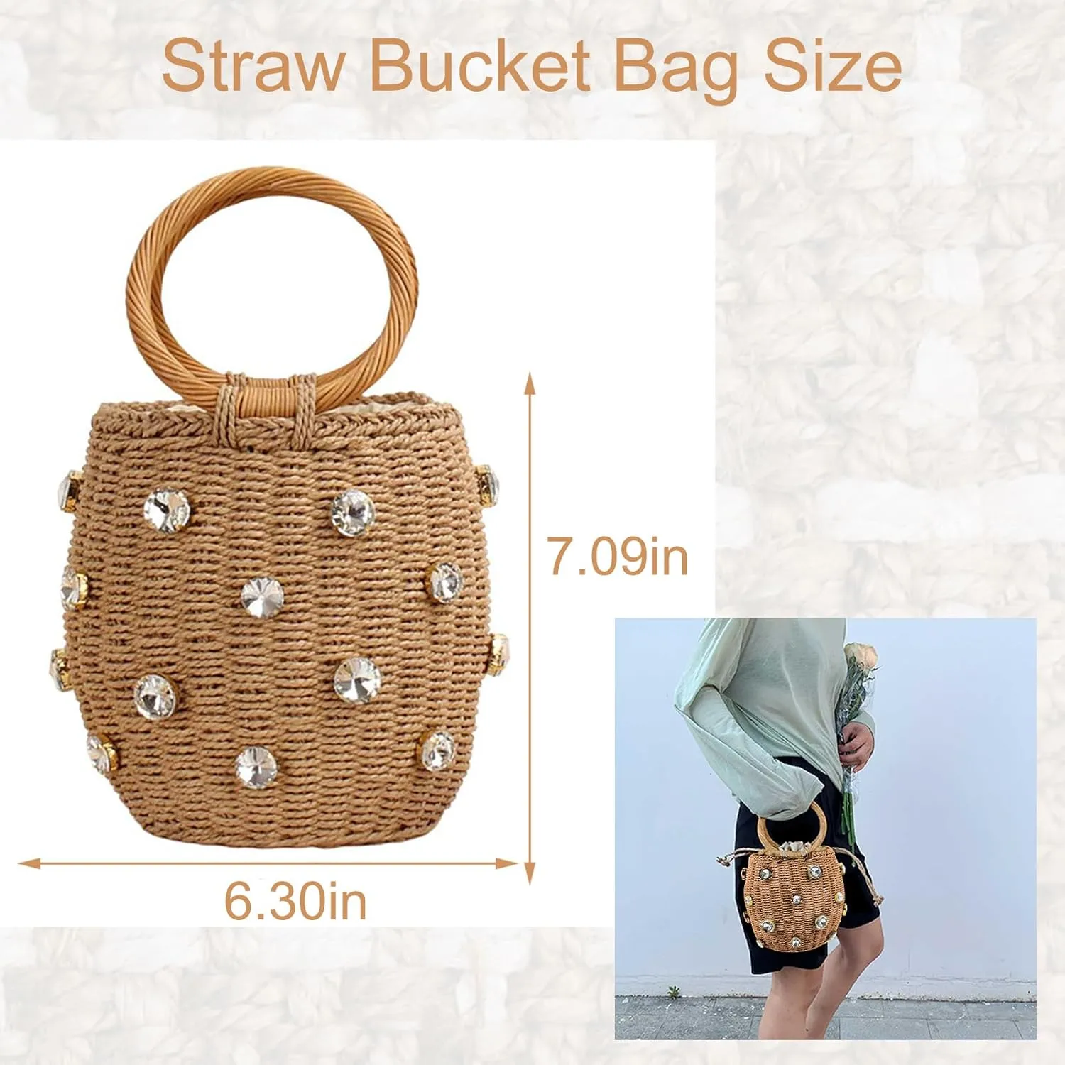 Bucket Straw Handbag, Handmade Tote Bag with Drawstring, Beach Woven Bag Rattan Shoulder Crossbody Basket Purse for Women