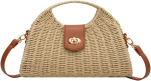 Bucket Straw Handbag, Handmade Tote Bag with Drawstring, Beach Woven Bag Rattan Shoulder Crossbody Basket Purse for Women