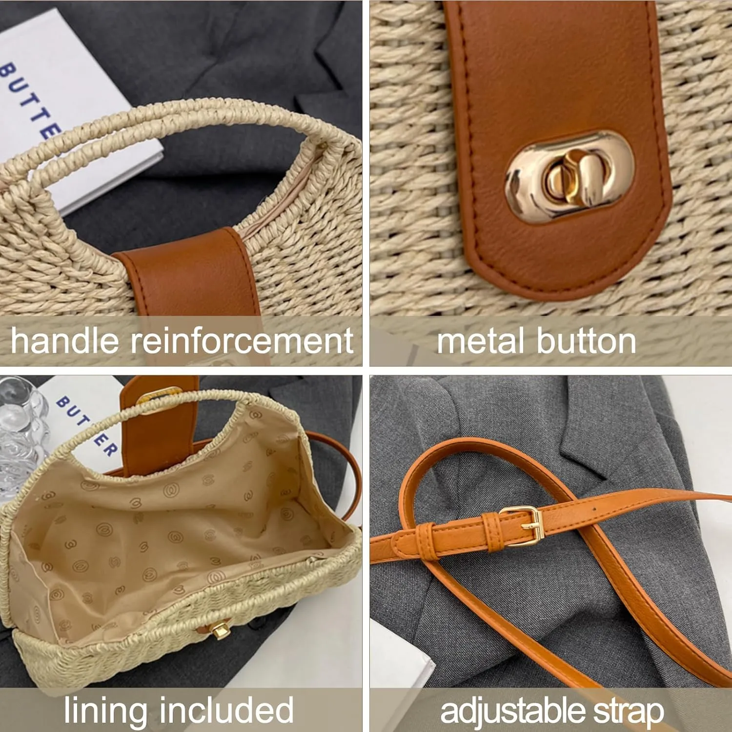 Bucket Straw Handbag, Handmade Tote Bag with Drawstring, Beach Woven Bag Rattan Shoulder Crossbody Basket Purse for Women