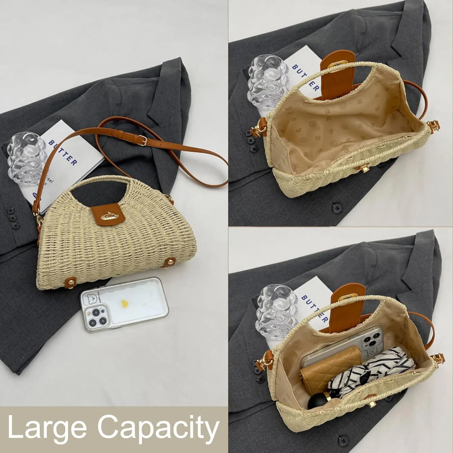 Bucket Straw Handbag, Handmade Tote Bag with Drawstring, Beach Woven Bag Rattan Shoulder Crossbody Basket Purse for Women