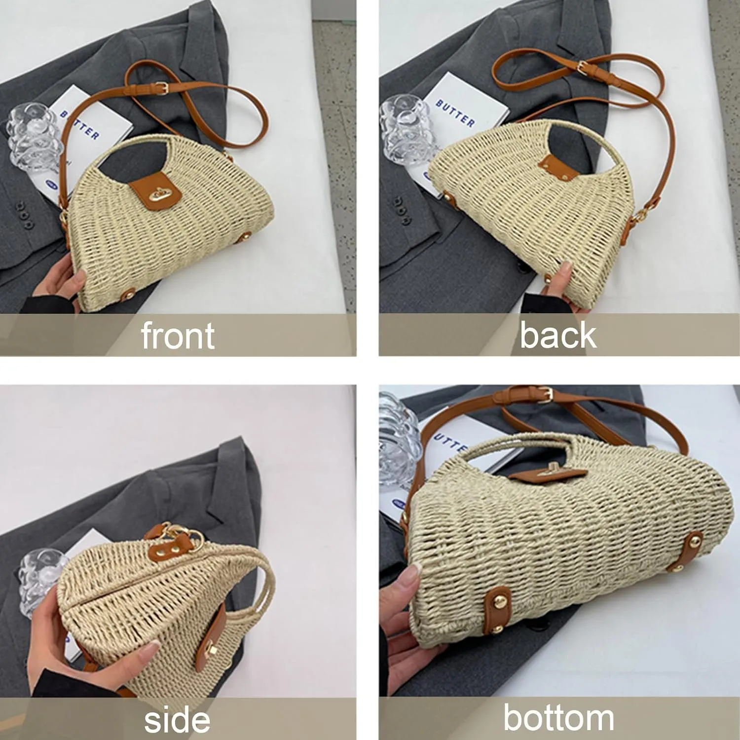 Bucket Straw Handbag, Handmade Tote Bag with Drawstring, Beach Woven Bag Rattan Shoulder Crossbody Basket Purse for Women