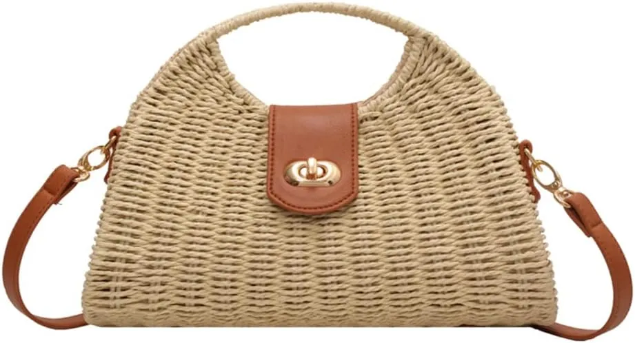 Bucket Straw Handbag, Handmade Tote Bag with Drawstring, Beach Woven Bag Rattan Shoulder Crossbody Basket Purse for Women