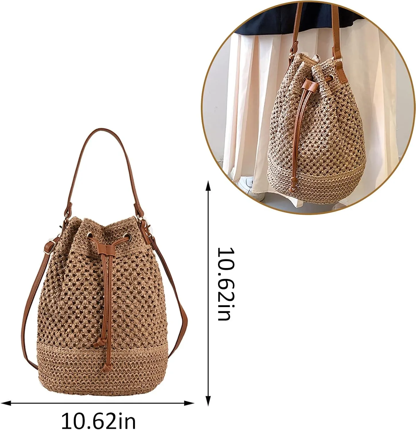 Bucket Straw Handbag, Handmade Tote Bag with Drawstring, Beach Woven Bag Rattan Shoulder Crossbody Basket Purse for Women